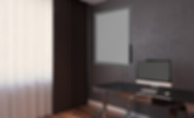 Open space office interior with like conference room. Mockup. 3D. Abstract blur phototography.