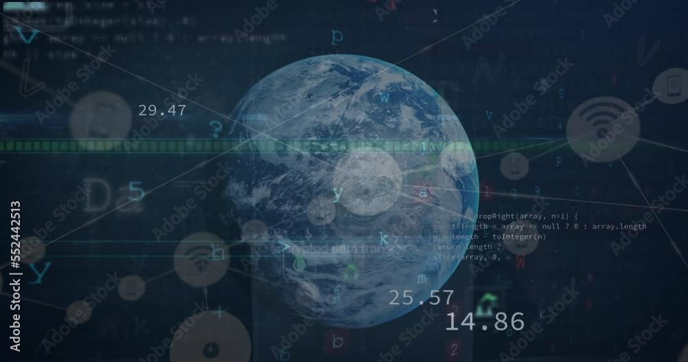 Poster animation of network of digital icons and cyber security data processing against globe
