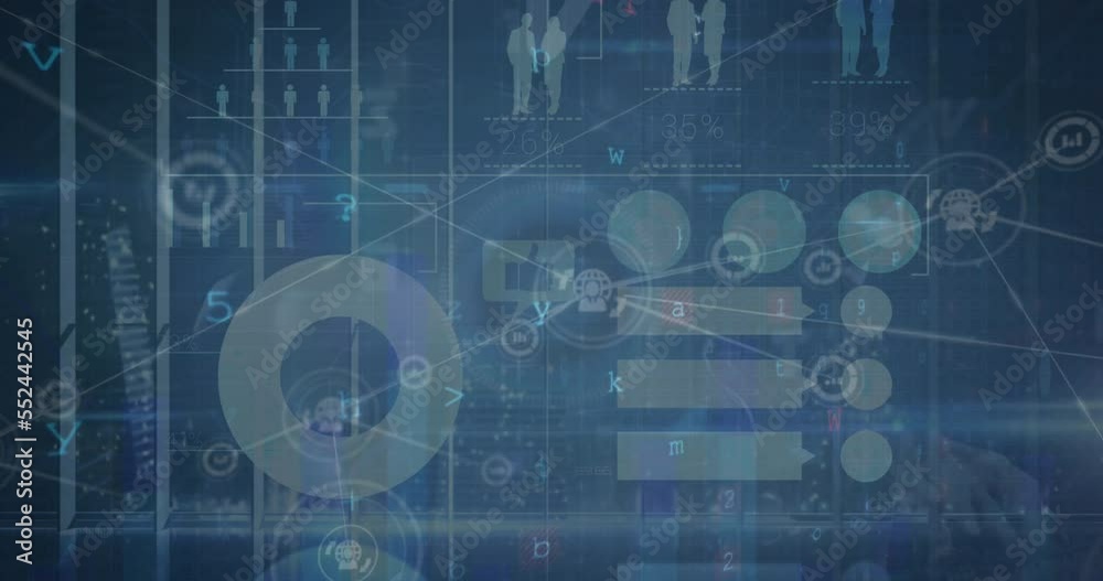 Poster animation of network of digital icons over cyber security data processing against blue background