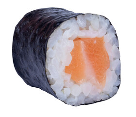 maki salmon sushi roll isolated on white front side view.
