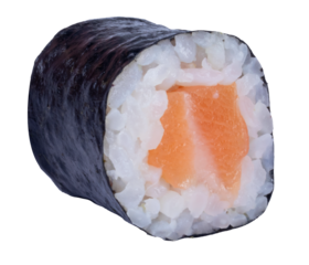 maki salmon sushi roll isolated on white front side view.