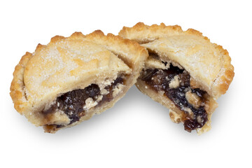 Traditional british christmas mince pie isolated on white cut in halves.