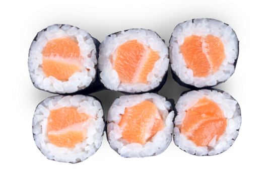 Six pieces of salmon maki sushi roll top view isolated on white.