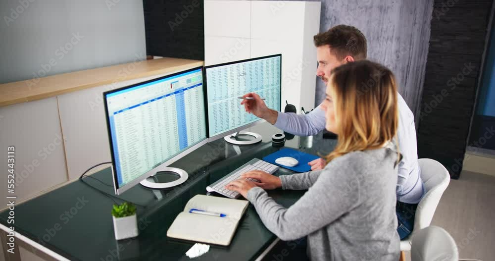 Poster analyst employee working on spreadsheet