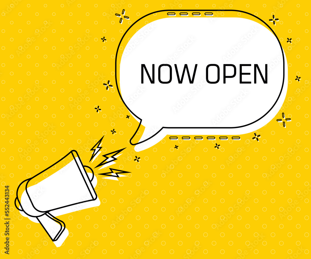 Aufkleber now open megaphone and colorful yellow speech bubble with quote. blog management, blogging and writi