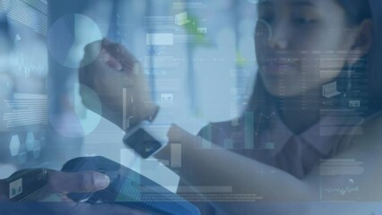 Animation of statistical data processing over asian woman making payment using her smartwatch - Powered by Adobe