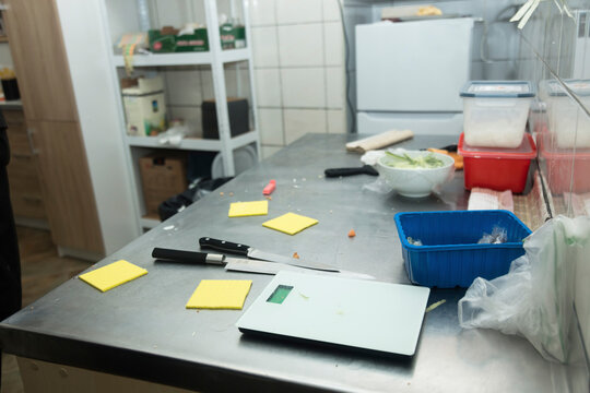 Mess On The Table In A Restaurant After Cooking