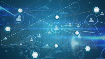 Animation of network of profile icons over 3d city model spinning against blue background - Powered by Adobe