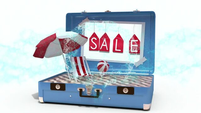 Animation of sale in suitcase with umbrella and sunbed