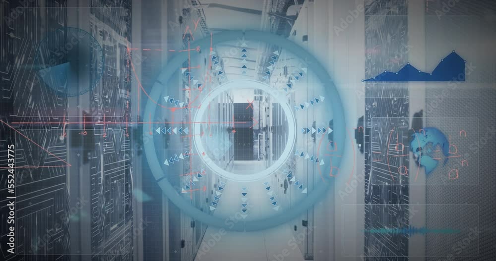 Poster animation of data processing and scope scanning over server room
