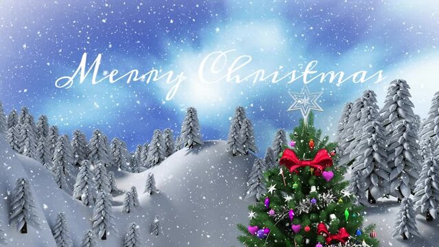 Animation of merry christmas text and snowfall over christmas trees and snow covered mountains