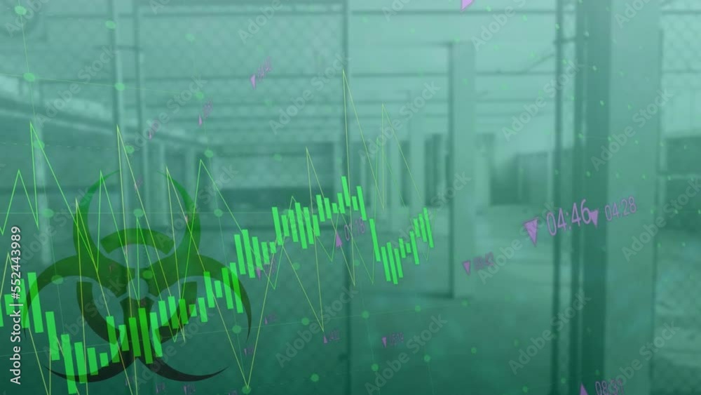 Poster animation of purple shapes and data processing over empty building