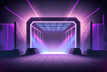 stage with a rectangle, fog, and purple neon lighting. Generative AI
