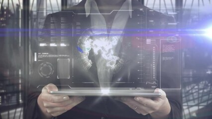 Animation of light trails and data processing over caucasian businesswoman using tablet - Powered by Adobe