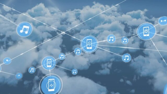 Animation of network of digital icons against clouds in the sky