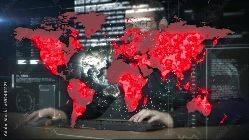 Poster animation of globe with world map and data processing over caucasian male hacker