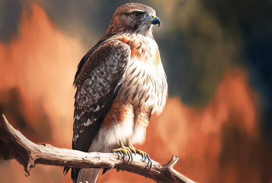 A red tailed hawk perched vertically on a branch in bright sunshine is shown with some background blur. Generative AI