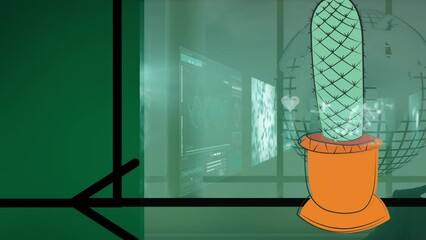 Animation of data processing over cactus on green background - Powered by Adobe
