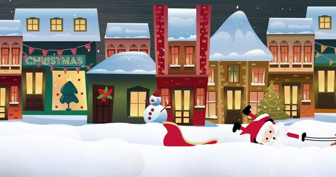 Animation of snow falling and santa claus in sleigh over houses and winter landscape at christmas