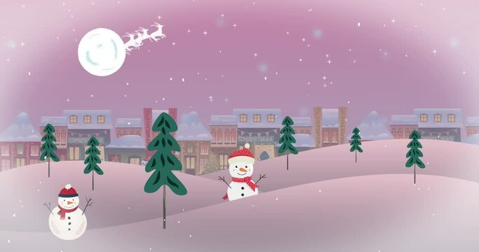 Animation of snow falling over houses and winter landscape at christmas