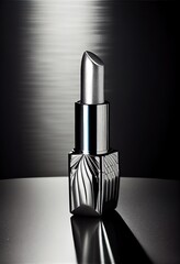 a silver lipstick bottle sitting on a table with a black background and a white light shining on it's surface. Generative AI