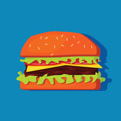 fastfood hamburger in flat style. Colorful vector illustration. Tasty burger on blue backgropund