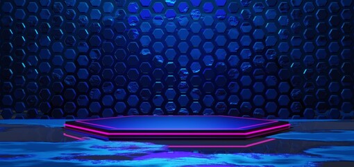 gaming background abstract wallpaper, cyberpunk style scifi game, neon glow of stage scene in pedestal room, 3d illustration rendering, esports team concept © Kantapon