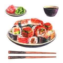 Hand drawn watercolor sushi set on ceramic dish with chopsticks, wasabi, ginger and soy sause isolated on white background.