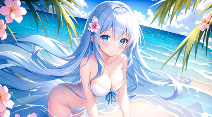 Obraz premium anime japanese girl big blue eyes on sea