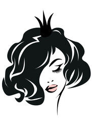 woman with hair. Woman`s face with red lips. Vector fashion illustration. Black and white silhouette for your design. Beauty Logo. Vector illustration.	