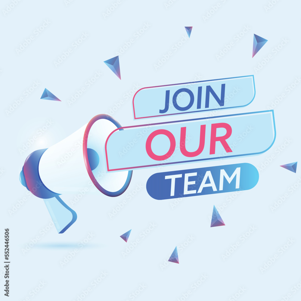 Poster join and win text with 3d realistic megaphone vector illustration. banner template to announce news 