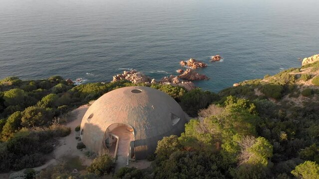 Aerial View of abandoned futuristic house belonged to the former Oscar winner Michelangelo Antonioni, The "Dome Cupole" named for its shape built in 1970 by Dante Bini in Costa Paradiso Sardinia
