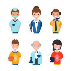 Professions Avatar with Flat Man and Woman as Surgeon, Teacher, Operator, Basketball Player and Scientist Vector Set