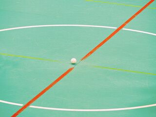 Bully of floor-ball court. White ball in middle on floor of sports hall