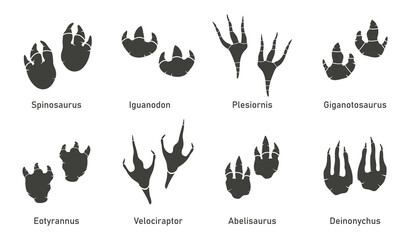 Silhoutte dinosaur footprint vector set. Paleontology, history vintage. Paleontology dinosaur traces illustration. © passionart