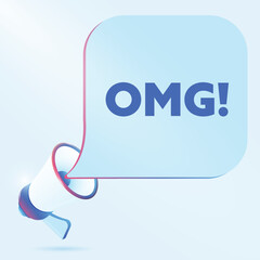 Omg text with 3d realistic megaphone vector illustration. Banner template to announce news about webinar in social media, training course, marketing technology poster