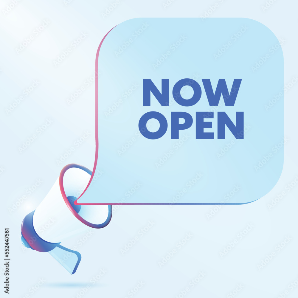 Poster now open text with 3d realistic megaphone vector illustration. banner template to announce news abou