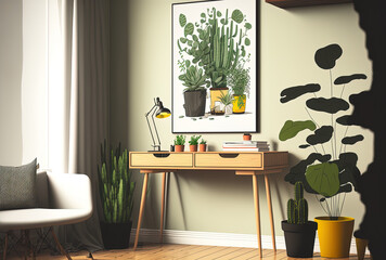 Mockup of a living area with a plant on a wooden table. Generative AI