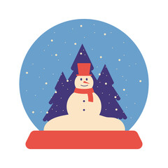 Flat vector illustration snow globe with snowman wearing hat and scarf, purple fir trees background. Winter holiday