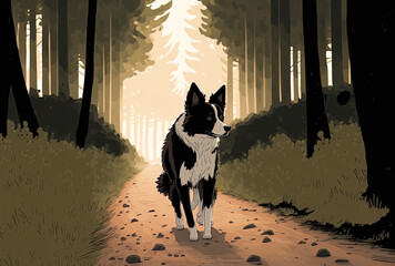 A black border collie is shown in a vertical view walking down a road in a woodland. Generative AI