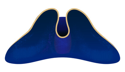 Blue captain's cocked hat, an element of clothing for pirates and sailors, part of a masquerade costume for parties, holidays, festivals, masquerades