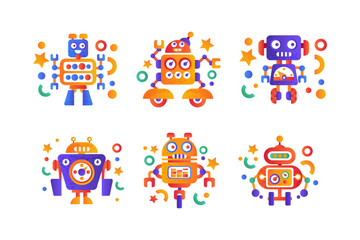 Modern Robot and Humanoid Bot with Face as Artificial Intelligence Flat Icon Vector Set