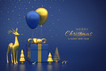Christmas banner. Composition from gift box with golden bow gold deer, metallic pine, spruce trees, festive helium balloons. New Year pine fir, spruce trees. Xmas background. Vector 3D illustration.