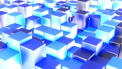 Fototapeta premium Würfel, Balken, Box, Quadratisch, Geometrie, Anordung, 3D, dynamisch, Quader, metall, mosaik, Architektur, blau, hellblau, metall