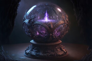 Magic crystal glass ball. Neon light, neon. Fantasy ball, predictions of the future, divination. AI
