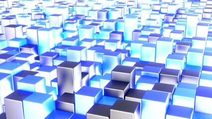 Fototapeta premium Würfel, Balken, Box, Quadratisch, Geometrie, Anordung, 3D, dynamisch, Quader, metall, mosaik, Architektur, blau, hellblau, metall