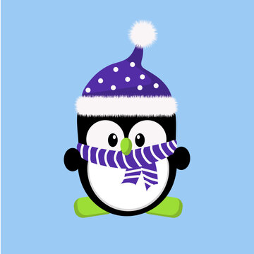 Cute little penguin in winter clothes. Vector design. Card.