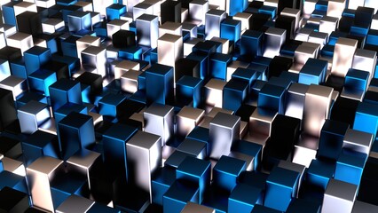 Obraz premium Würfel, Balken, Box, Quadratisch, Geometrie, Anordung, 3D, dynamisch, Quader, metall, mosaik, Architektur, blau, hellblau, metall