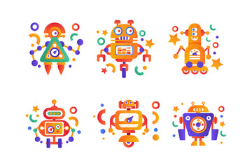 Modern Robot and Humanoid Bot with Face as Artificial Intelligence Flat Icon Vector Set
