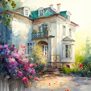 Villa with flowers, painted postcard.